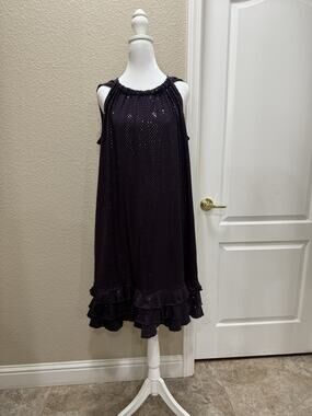 Women’s 0X Purple Metallic Sequin Cocktail Dress Sleeveless Tiered Ruffle Glam
